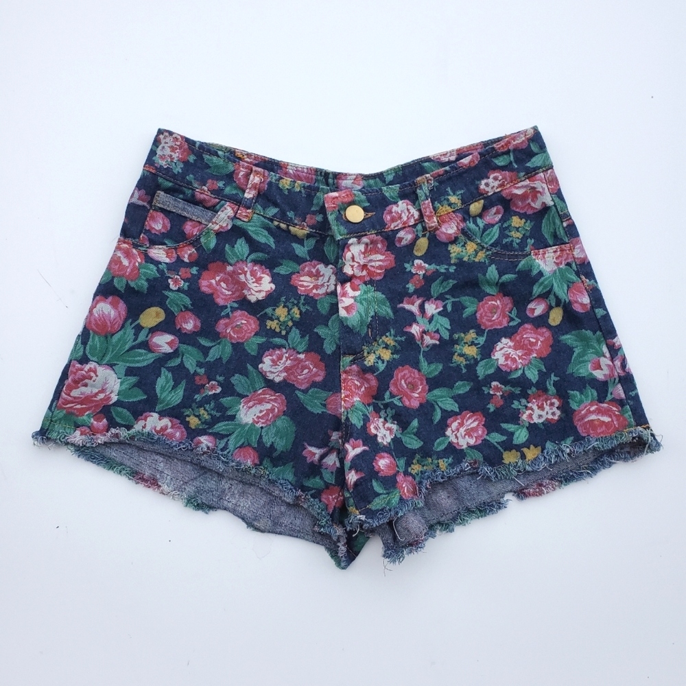 Zara Medium Floral Denim Shorts Pink Rose Flower Jean Short Raw Hem Regular Rise